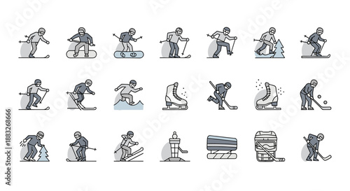 Winter sports icons set featuring skiing, snowboarding, ice skating, and hockey designs
