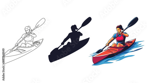 Collection of kayak illustration styles featuring a determined woman paddling a sleek boat across vibrant blue water demonstrating outline silhouette and full color versions