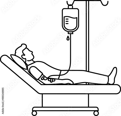 Patient Receiving IV Therapy Illustration , Medical Treatment, Blood Donation, and Hospital Care Line Art Symbol