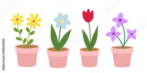 Spring outdoor gardening potted plants illustration.
Flowers in pots Clip art vector set.
Potted flower icon collection.
Transparent background. SVG.