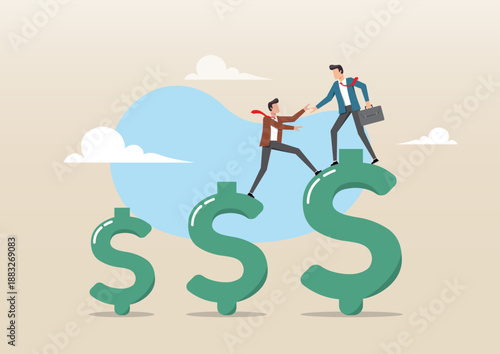 Professional Helping a Colleague Climb Giant Dollar Signs