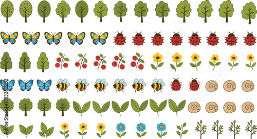 Cute nature icons collection with trees, butterflies, bees, ladybugs, flowers, leaves, cherries and snails, colorful botanical illustration set for spring, garden and eco themes