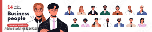 Business people avatars with negative emotions set. Office workers, employees with angry, sad, stressed face expressions. Worried professionals. Flat vector illustrations isolated on white background.