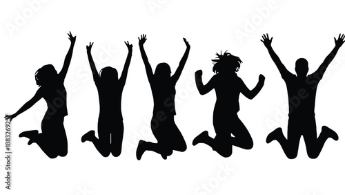 A group of happy people jumping in the air with their arms raised high