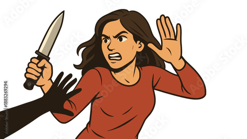 A cartoon woman defends herself with a knife against an unseen attacker

