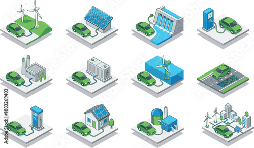 Electric car charging systems illustration set, renewable energy sources including wind, solar, hydro, hydrogen and smart grid technology, eco friendly transportation and clean power concepts