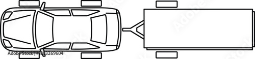 Top view car with trailer outline illustration, vehicle towing cargo design, simple black and white transport graphic for maps, diagrams, guides, driving instructions and planning