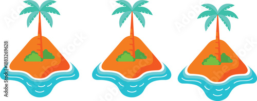 Tropical island illustration set with palm trees, ocean waves and beach scenery, colorful summer landscape icons for travel, vacation themes, nature designs and cartoons