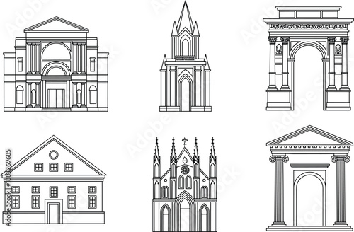 Classic historic architecture buildings and monuments set featuring churches, arches, palaces, and neoclassical facades illustrated in clean black line art