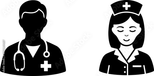 Medical professionals, doctor and nurse, healthcare workers, silhouette icons