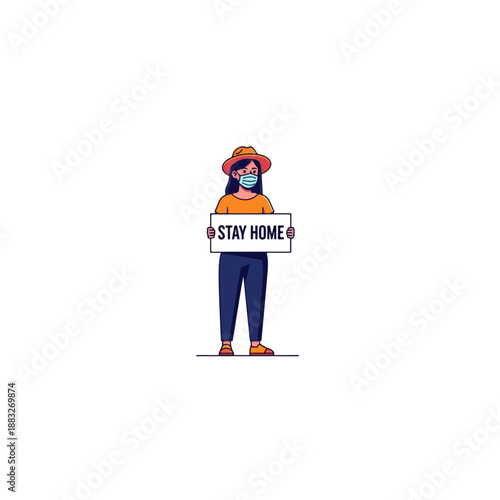 Woman wearing face mask holding stay home sign.