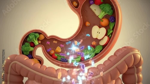 Illustration of the human stomach with healthy food and probiotics promoting gut health.
