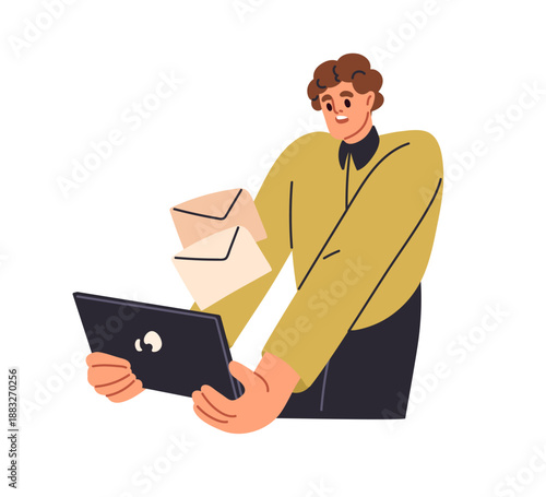 Employee receiving email messages. Man holding digital tablet with inbox e-mail notification. Office worker checking online correspondence. Flat vector illustration isolated on white background.