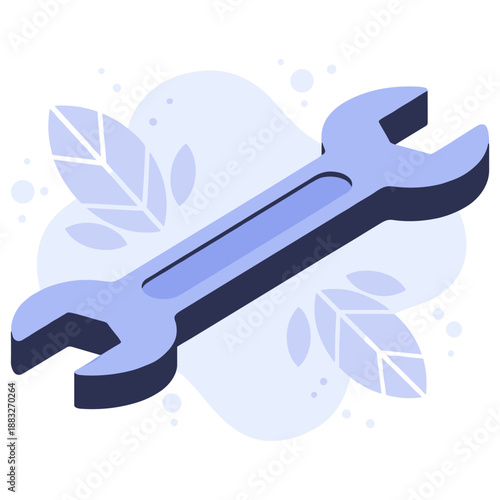 Blue wrench with leaf accents on abstract background