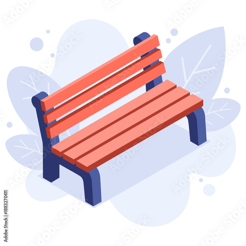 Wooden park bench with blue frame in abstract leafy background