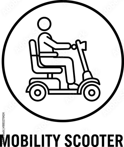 A simple black and white illustration of a person sitting on a mobility scooter