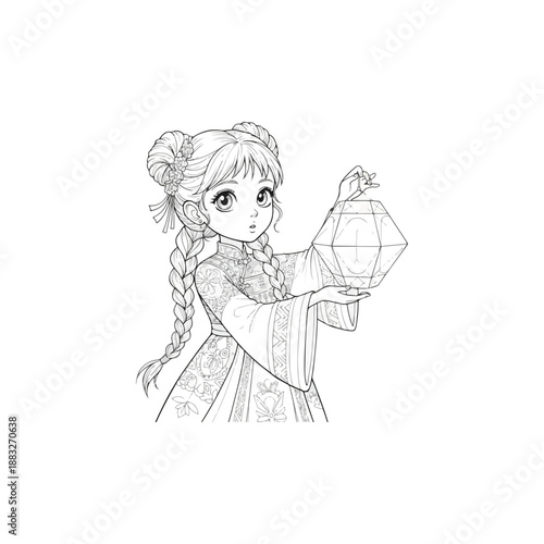 Young girl holding lantern illustration.