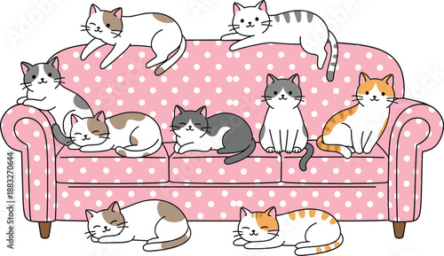 Cute cartoon cats relaxing on pink sofa vector illustration set featuring adorable kittens in cozy home interior