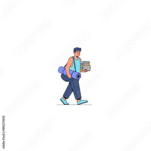 Young man carrying books and gym bag walking.
