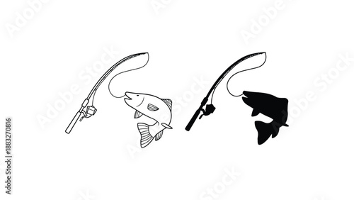 An illustration of four fishing rods with fish in different shades of gray and black