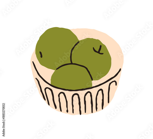Green apples in bowl. Fresh ripe fruit served in dish. Healthy organic natural vitamin, snack. Diet nutrition, food. Flat vector illustration isolated on white background.