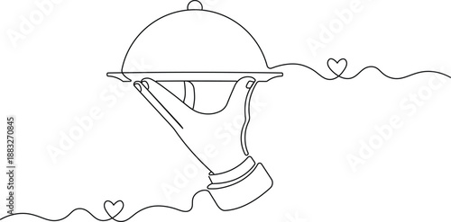 Continuous Line Illustration of Hand Serving Food Cloche with Heart. Minimalist One Line Art Concept of Hospitality, Love, and Restaurant Service
