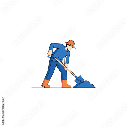 Construction worker digging with shovel on site.