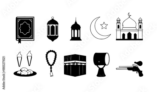 Ramadan Kareem Vector Icon Set with Quran, Lanterns, Crescent, Mosque, Kaaba and Holiday Symbols