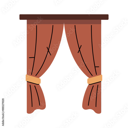 A pair of brown curtains are tied back with decorative bands.