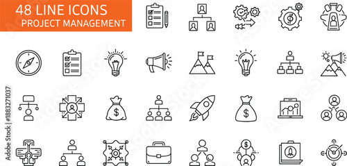 Professional Set of 48 Minimalist Line Icons for Project Management Business Strategy Startup Development Corporate Workflow Planning and Team Leadership Optimization Vector Graphic Elements