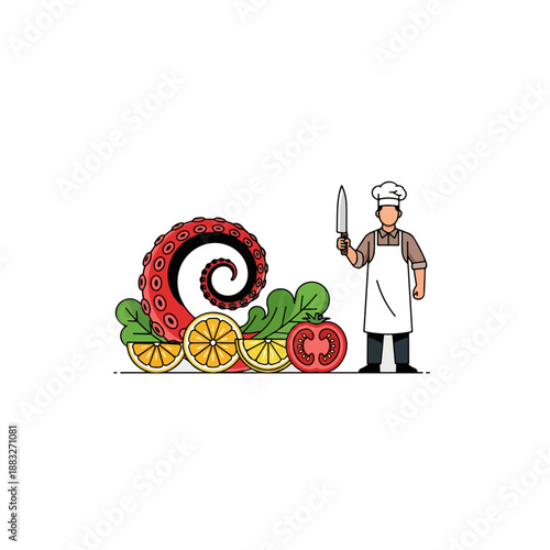 Professional chef preparing a delicious seafood and vegetable dish with fresh ingredients.