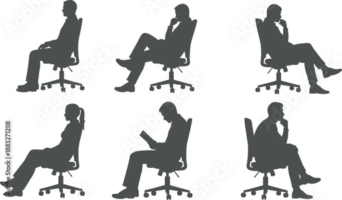 Professional Silhouettes of Business People Sitting in Office Chairs in Various Poses Including Thinking Reading and Resting Isolated on a White Background