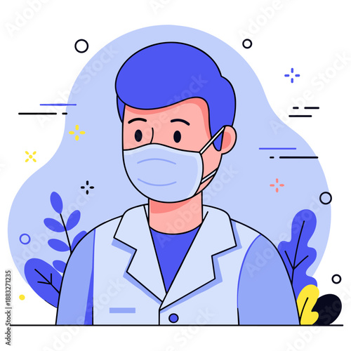 Male healthcare worker in face mask with blue hair in cartoon style