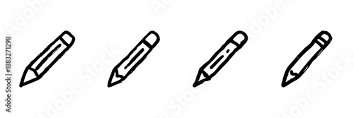 Pencil Line Icon Set In Doodle Style. Creative Writing, Drawing, And Sketching Tools Outline Sketch Collection. Artistic Expression And Education Symbols. Hand Drawn Isolated Vector Illustration