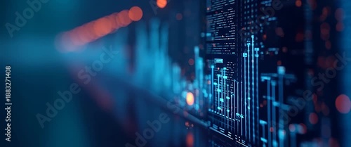 Dynamic data flow in a futuristic digital interface with glowing graphs, as the camera slowly pans, highlighting financial analytics in a cinematic style.