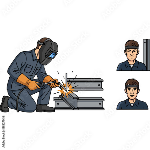 Welder in protective gear welding metal.