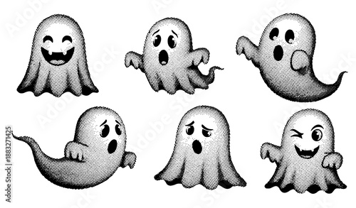 Playful Halftone Ghost Vector Set for Halloween Cards and Digital Design