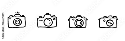Camera Line Icon Set In Doodle Style. Photography Equipment And Digital Imaging Tools Outline Sketch Collection. Hand Drawn Isolated Vector Illustration
