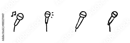 Microphone Line Icon Set In Doodle Style. Music Performance, Singing, And Audio Recording Outline Sketch Collection. Hand Drawn Isolated Vector Illustration