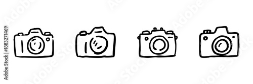 Camera Line Icon Set In Doodle Style. Photography Equipment And Digital Imaging Tools Outline Sketch Collection. Hand Drawn Isolated Vector Illustration