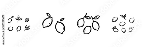 Lemon And Citrus Fruit Line Icon Set In Doodle Style. Freshness, Vitamin C, And Healthy Eating Outline Sketch Collection. Hand Drawn Isolated Vector Illustration
