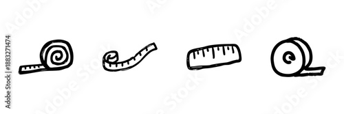 Measuring Tape And Ruler Line Icon Set In Doodle Style. Tailoring, Construction, And Precision Measurement Tools Outline Sketch Collection. Hand Drawn Isolated Vector Illustration