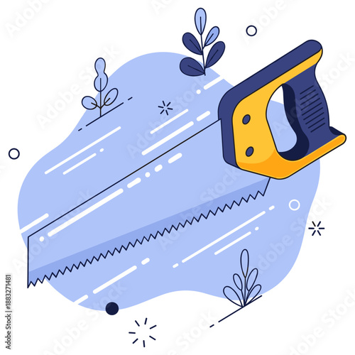 Colorful hand saw with yellow handle on abstract blue background