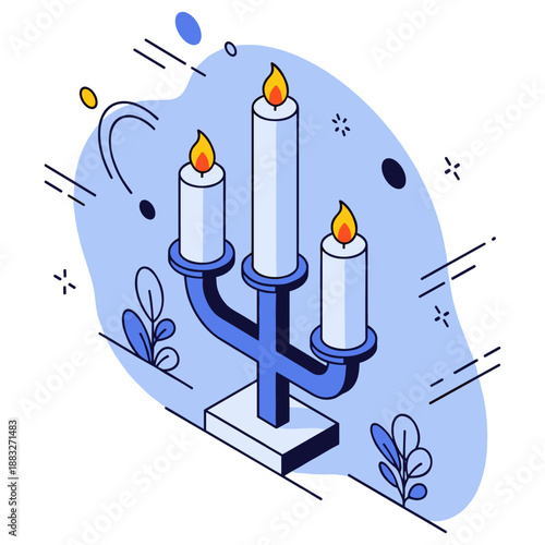 Stylized candelabrum with four glowing candles on blue abstract background