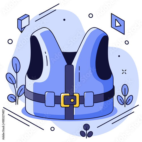 Blue life jacket illustration with abstract geometric elements and foliage