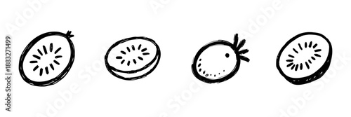 Kiwi Fruit Line Icon Set In Doodle Style. Freshness, Nutrition, And Healthy Eating Outline Sketch Collection. Hand Drawn Isolated Vector Illustration