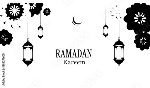 Festive Ramadan Kareem Banner with Lanterns, Crescent Moon and Paper-Cut Flowers Vector Illustration