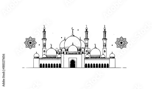 Flat Vector Illustration of Sheikh Zayed Grand Mosque with Arabesque Patterns, Crescent Moon and Stars for Eid Mubarak & Ramadan Kareem