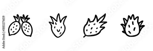 Dragon Fruit Line Icon Set In Doodle Style. Exotic Fruit, Tropical Nutrition, And Healthy Eating Outline Sketch Collection. Hand Drawn Isolated Vector Illustration