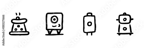 Cute Robot Characters Line Icon Set In Doodle Style. Playful And Whimsical Robot Designs Outline Sketch Collection. Hand Drawn Isolated Vector Illustration